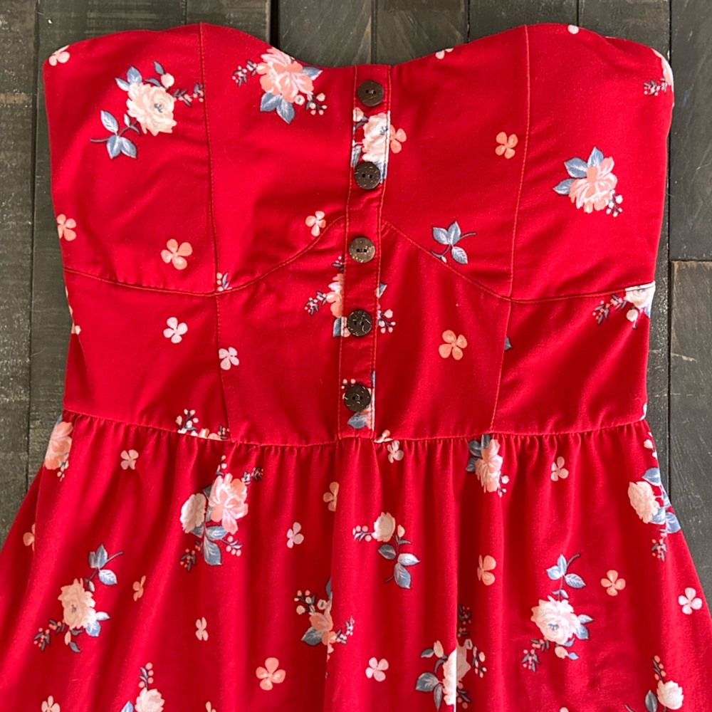 Strapless Red Floral Juniors Button-Front Foam Cup Dress Size XL/XG (15-17) - Picture 6 of 15